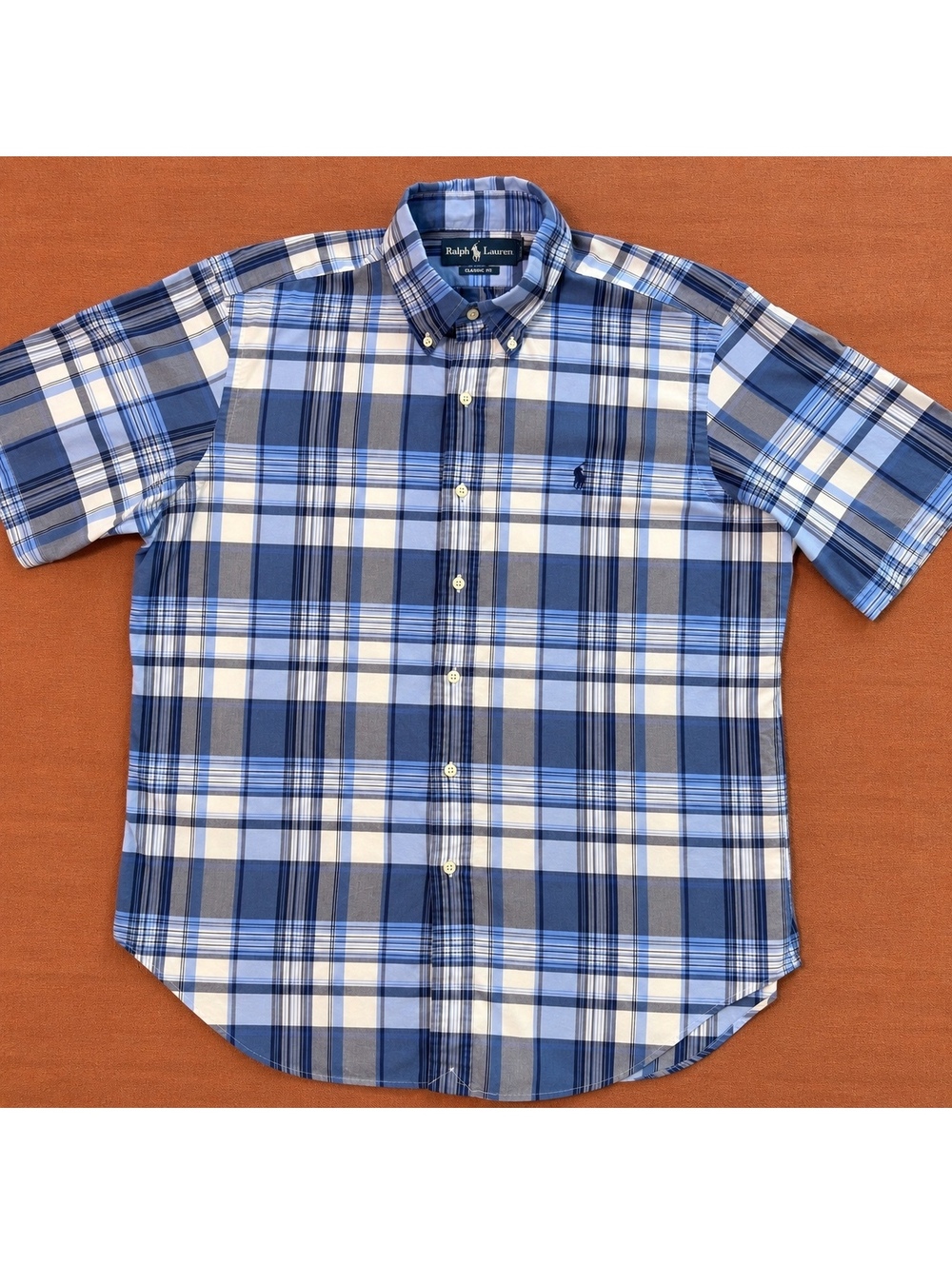 Polo Ralph Lauren Classic Fit Short Sleeve Button-Down Shirt in Blue Plaid Large